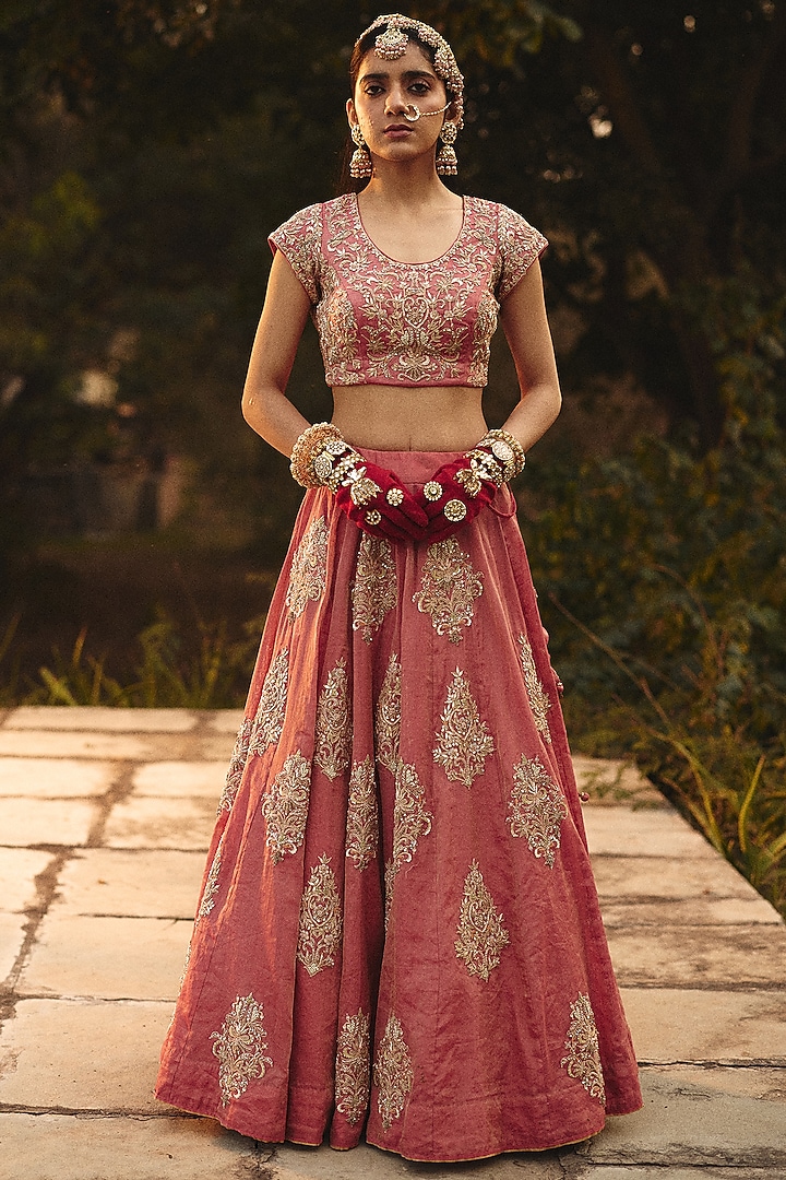 Pink Tissue Zari Embroidered Bridal Lehenga Set by RASHIKA MITTAL at Pernia's Pop Up Shop