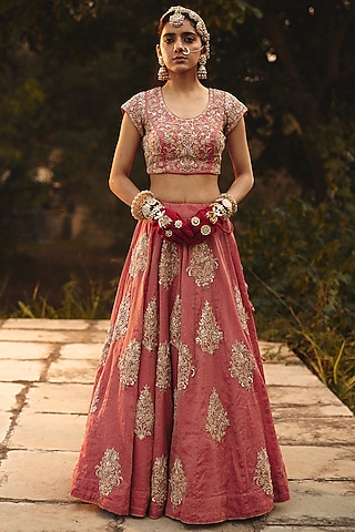 Pink Tissue Zari Embroidered Lehenga Set by RASHIKA MITTAL