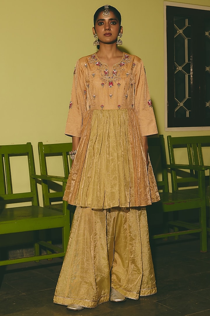 Antique Gold & Green Tissue Hand Embellished Party Wear Sharara Set by RASHIKA MITTAL at Pernia's Pop Up Shop