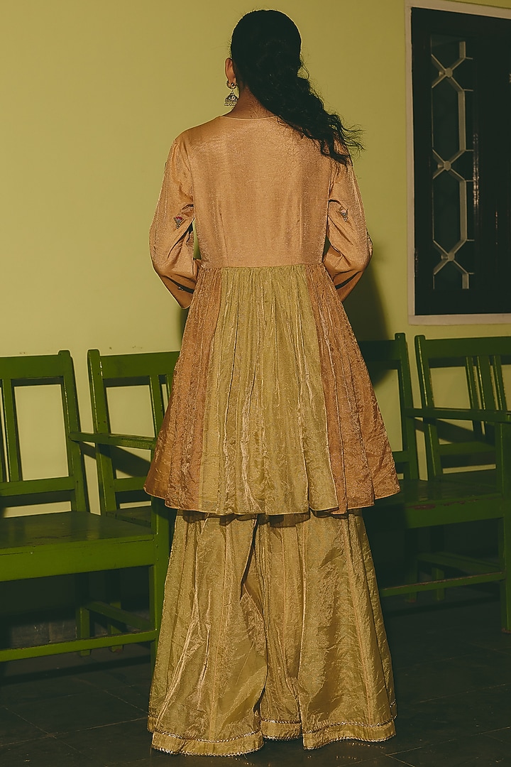 Antique Gold & Green Tissue Hand Embellished Party Wear Sharara Set by RASHIKA MITTAL at Pernia's Pop Up Shop