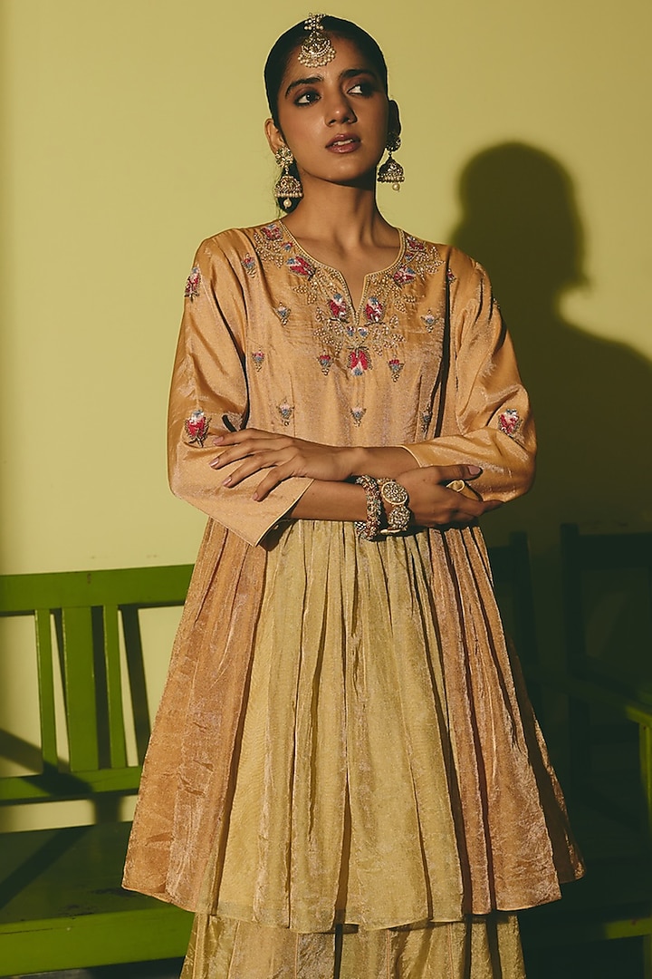 Antique Gold & Green Tissue Hand Embellished Party Wear Sharara Set by RASHIKA MITTAL at Pernia's Pop Up Shop