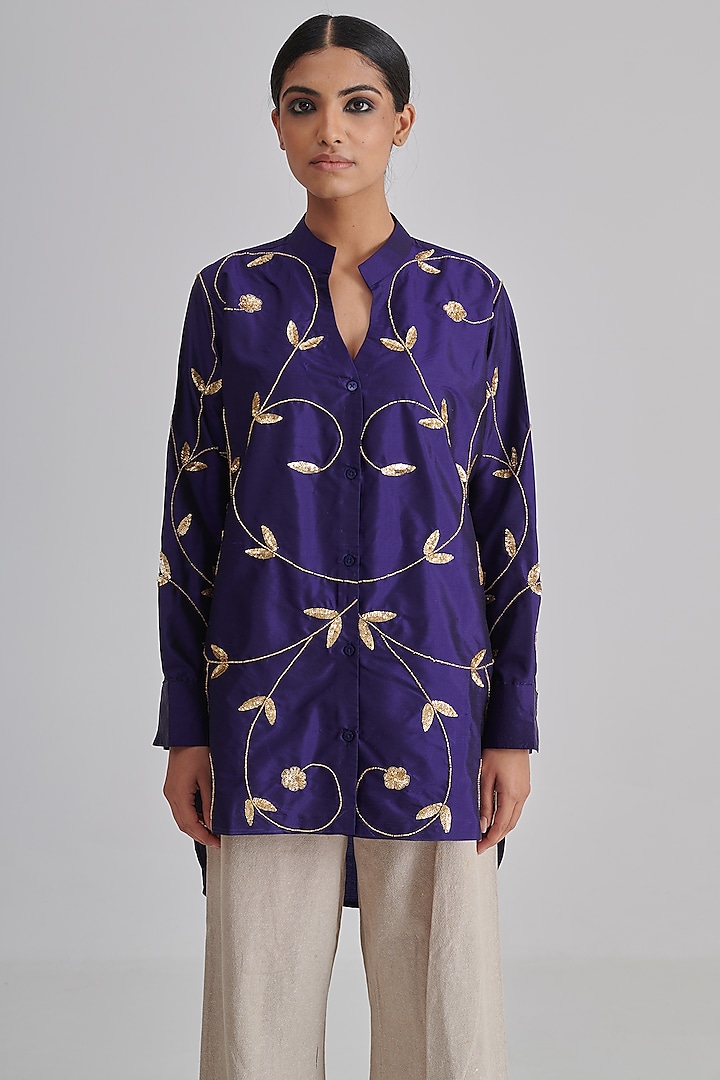 Purple Dupion Silk Hand Embroidered Shirt by RASHIKA MITTAL at Pernia's Pop Up Shop