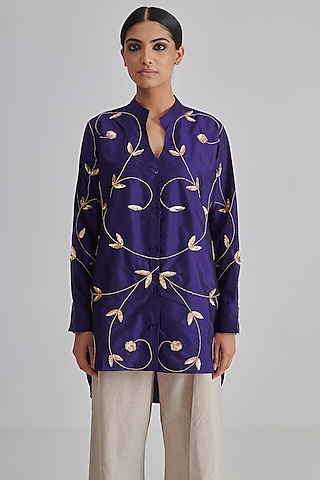 Purple Dupion Silk Hand Embroidered Shirt by RASHIKA MITTAL