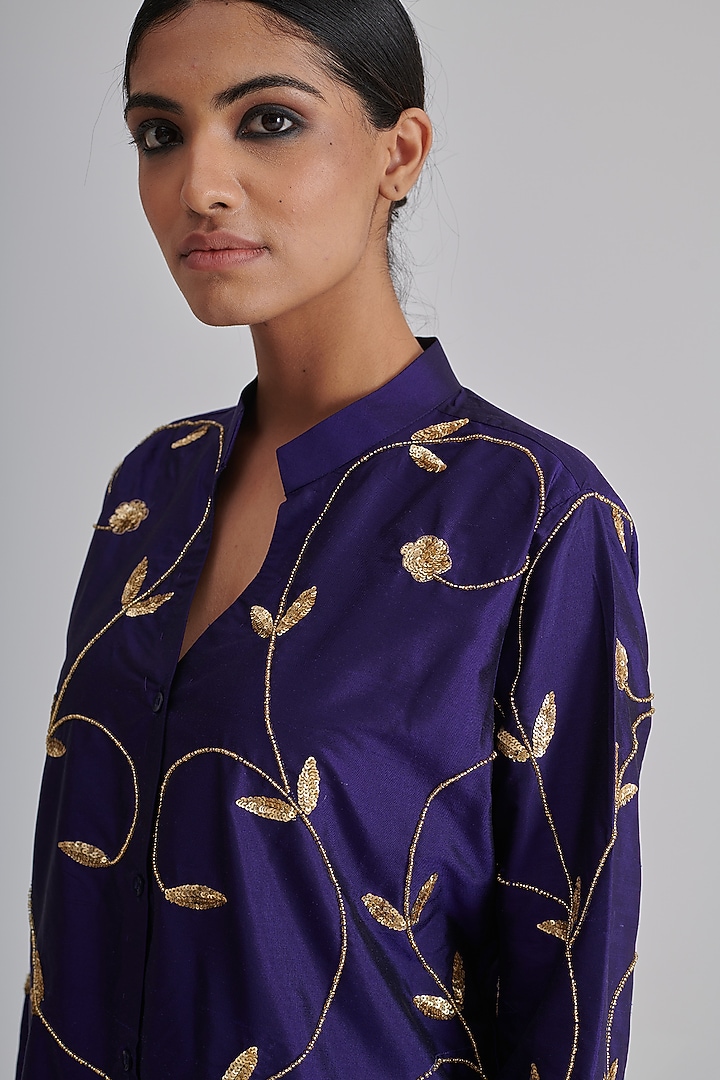 Purple Dupion Silk Hand Embroidered Shirt by RASHIKA MITTAL at Pernia's Pop Up Shop