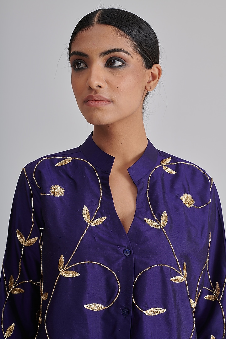Purple Dupion Silk Hand Embroidered Shirt by RASHIKA MITTAL at Pernia's Pop Up Shop