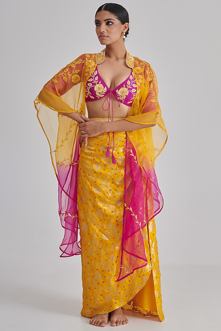 Multi-Colored Organza Embroidered Cape Set by RASHIKA MITTAL at Pernia's Pop Up Shop