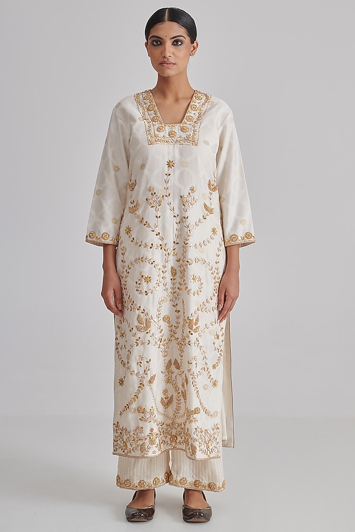 Ivory Chanderi Hand Embroidered Wedding Anarkali Set by RASHIKA MITTAL at Pernia's Pop Up Shop