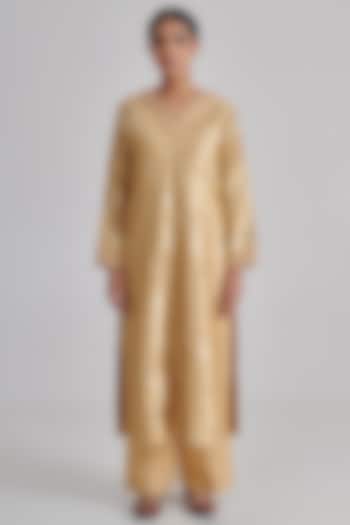 Gold Brocade Silk Hand Embroidered Kurta Set by RASHIKA MITTAL at Pernia's Pop Up Shop