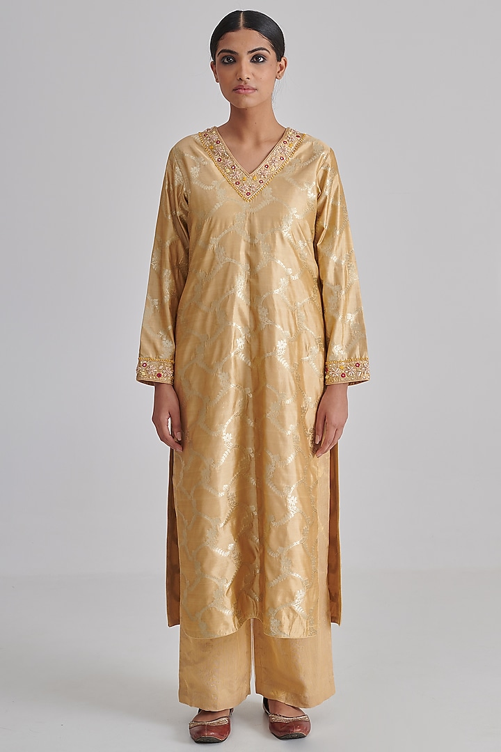 Gold Brocade Silk Hand Embroidered Kurta Set by RASHIKA MITTAL at Pernia's Pop Up Shop