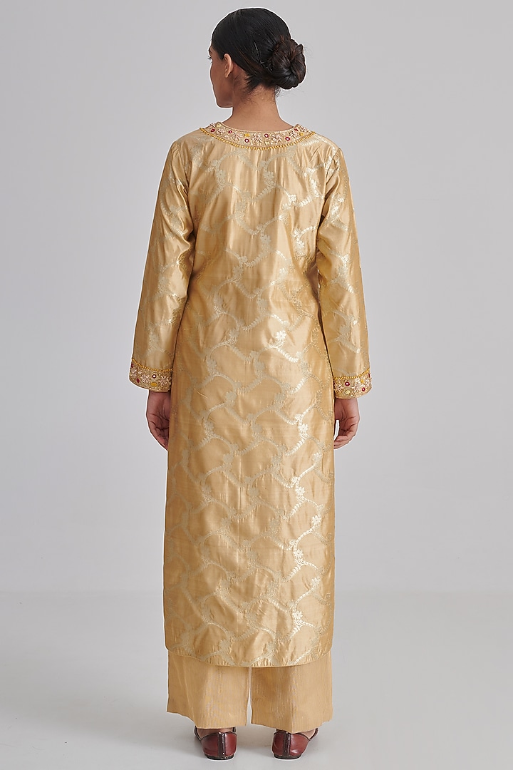 Gold Brocade Silk Hand Embroidered Kurta Set by RASHIKA MITTAL at Pernia's Pop Up Shop