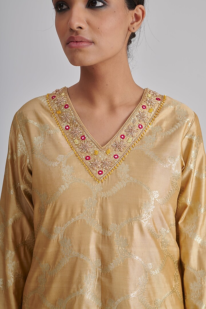 Gold Brocade Silk Hand Embroidered Kurta Set by RASHIKA MITTAL at Pernia's Pop Up Shop