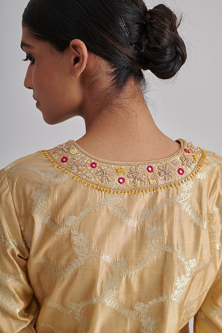Gold Brocade Silk Hand Embroidered Kurta Set by RASHIKA MITTAL at Pernia's Pop Up Shop