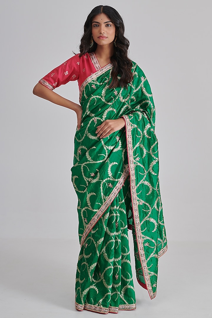 Green Brocade Silk Hand Embroidered Reception Saree Set by RASHIKA MITTAL at Pernia's Pop Up Shop