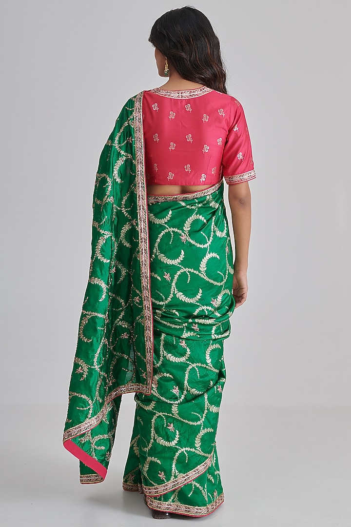 Green Brocade Silk Hand Embroidered Wedding Saree Set by RASHIKA MITTAL at Pernia's Pop Up Shop