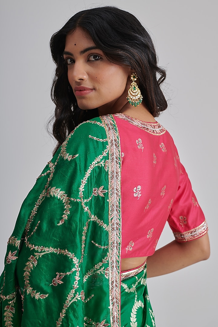 Green Brocade Silk Hand Embroidered Wedding Saree Set by RASHIKA MITTAL at Pernia's Pop Up Shop