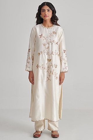 Ivory Silk Hand Embroidered Kurta Set by RASHIKA MITTAL