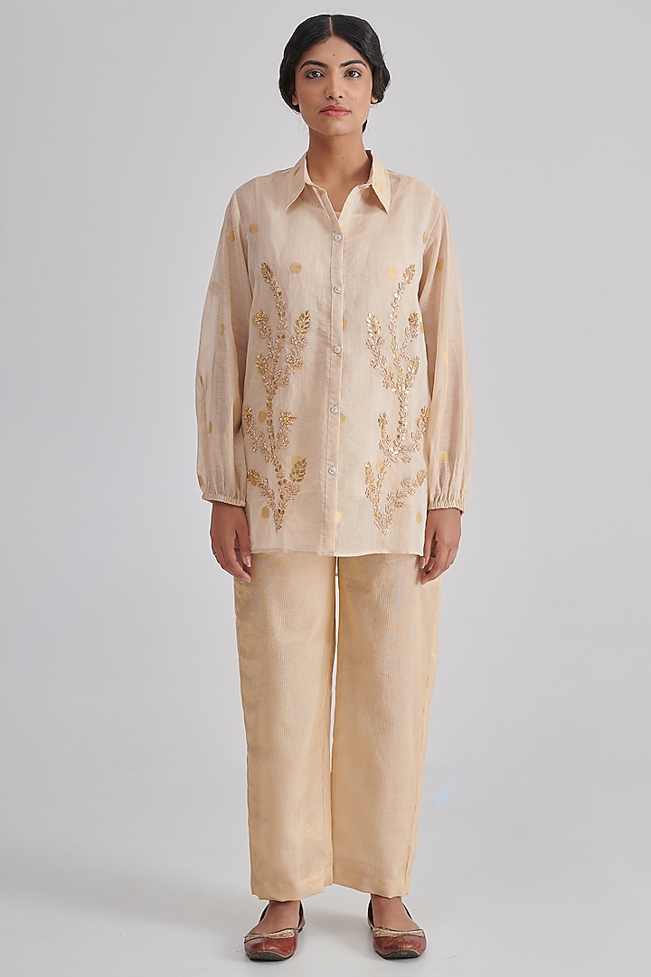 Beige Brocade Silk Hand Embroidered Co-Ord Set by RASHIKA MITTAL at Pernia's Pop Up Shop
