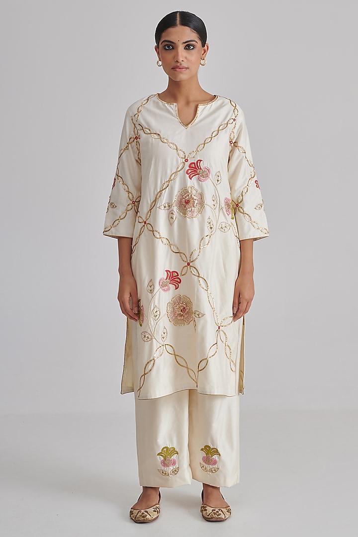 Ivory Silk Hand Embroidered Kurta Set by RASHIKA MITTAL at Pernia's Pop Up Shop