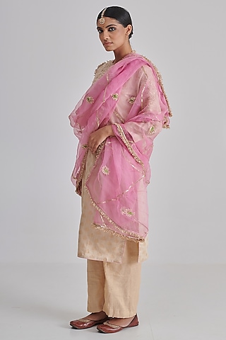 Pink Organza Hand Embroidered Dupatta by RASHIKA MITTAL