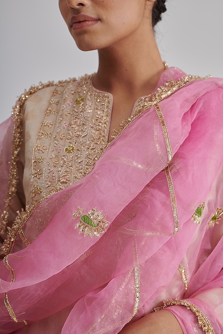 Pink Organza Hand Embroidered Dupatta by RASHIKA MITTAL at Pernia's Pop Up Shop