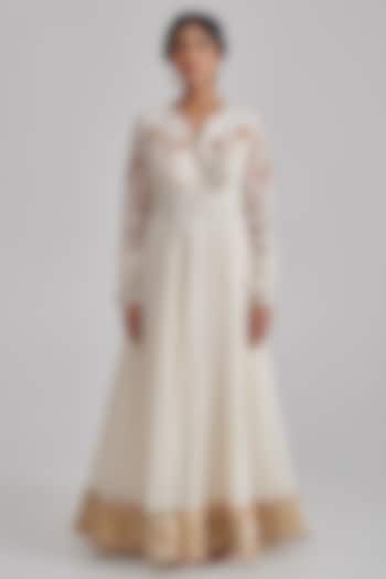 Ivory Chanderi Hand Embroidered Wedding Anarkali Set by RASHIKA MITTAL at Pernia's Pop Up Shop