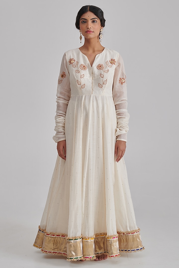 Ivory Chanderi Hand Embroidered Wedding Anarkali Set by RASHIKA MITTAL at Pernia's Pop Up Shop