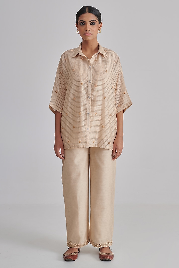 Beige Moonga Silk Hand Embroidered Co-Ord Set by RASHIKA MITTAL at Pernia's Pop Up Shop