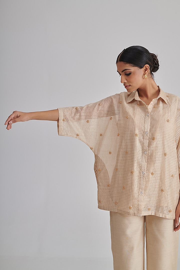 Beige Moonga Silk Hand Embroidered Co-Ord Set by RASHIKA MITTAL at Pernia's Pop Up Shop