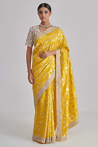 Yellow Banarasi Silk Embroidered Saree Set by RASHIKA MITTAL