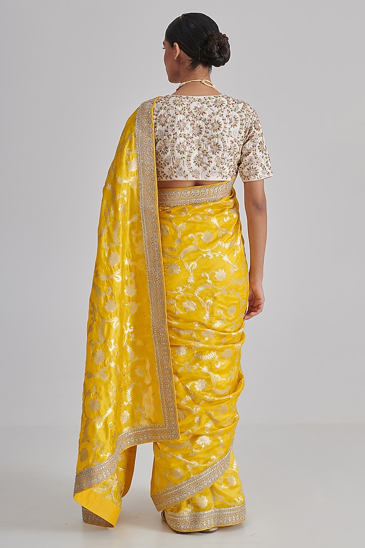 Yellow Banarasi Silk Embroidered Party Wear Saree Set by RASHIKA MITTAL at Pernia's Pop Up Shop