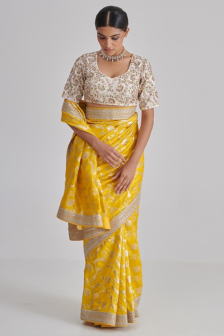 Yellow Banarasi Silk Embroidered Party Wear Saree Set by RASHIKA MITTAL at Pernia's Pop Up Shop