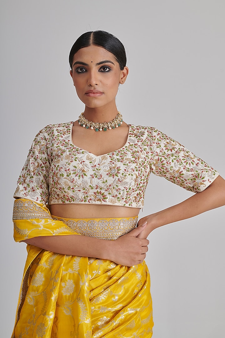 Yellow Banarasi Silk Embroidered Party Wear Saree Set by RASHIKA MITTAL at Pernia's Pop Up Shop