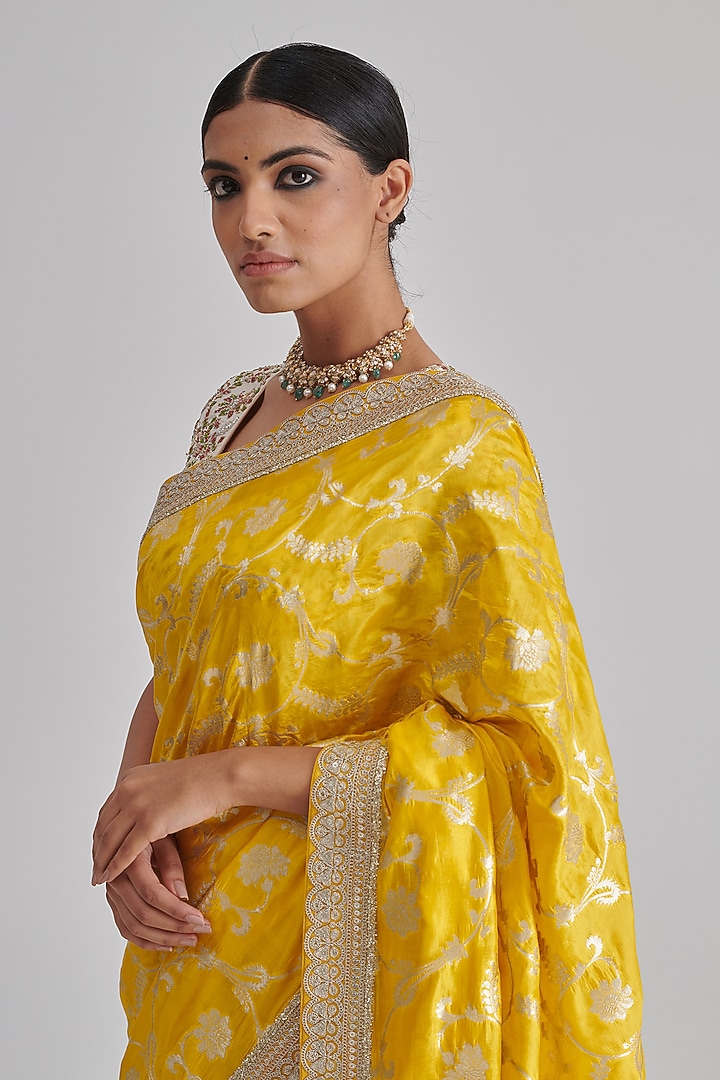 Yellow Banarasi Silk Embroidered Party Wear Saree Set by RASHIKA MITTAL at Pernia's Pop Up Shop