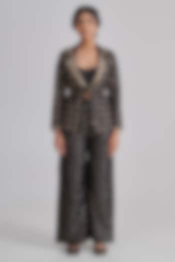 Black Brocade Silk Hand Embroidered Blazer Set by RASHIKA MITTAL at Pernia's Pop Up Shop
