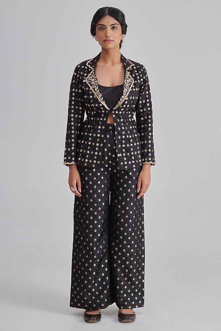Black Brocade Silk Hand Embroidered Blazer Set by RASHIKA MITTAL at Pernia's Pop Up Shop