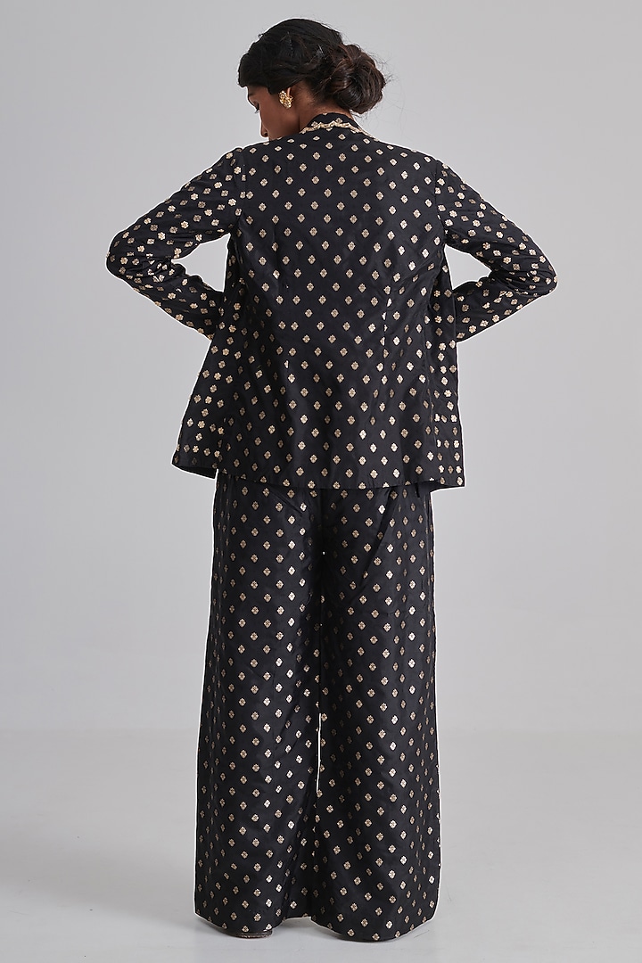 Black Brocade Silk Hand Embroidered Blazer Set by RASHIKA MITTAL at Pernia's Pop Up Shop