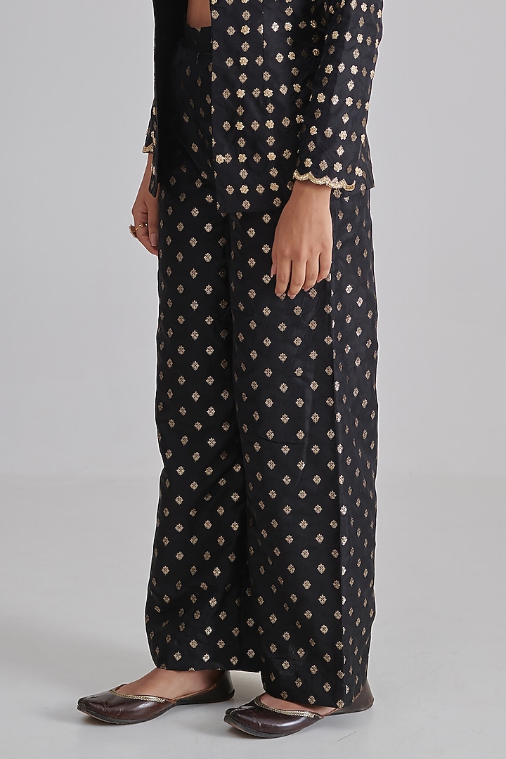 Black Brocade Silk Hand Embroidered Blazer Set by RASHIKA MITTAL at Pernia's Pop Up Shop