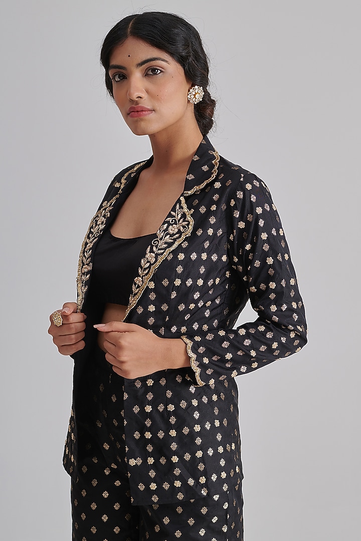Black Brocade Silk Hand Embroidered Blazer Set by RASHIKA MITTAL at Pernia's Pop Up Shop