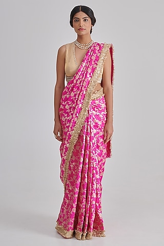Fuchsia Pink Banarasi Silk Embroidered Saree Set by RASHIKA MITTAL