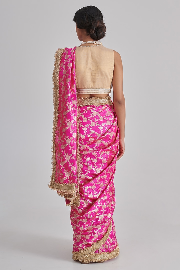 Fuchsia Pink Banarasi Silk Embroidered Party Wear Saree Set by RASHIKA MITTAL at Pernia's Pop Up Shop