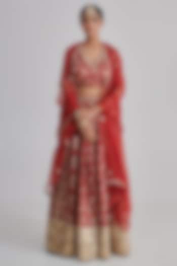 Red Brocade Silk Embroidered  dulhan bday 22 may Lehenga Set by RASHIKA MITTAL at Pernia's Pop Up Shop