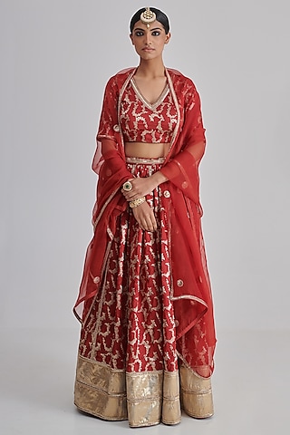 Red Brocade Silk Embroidered Lehenga Set by RASHIKA MITTAL
