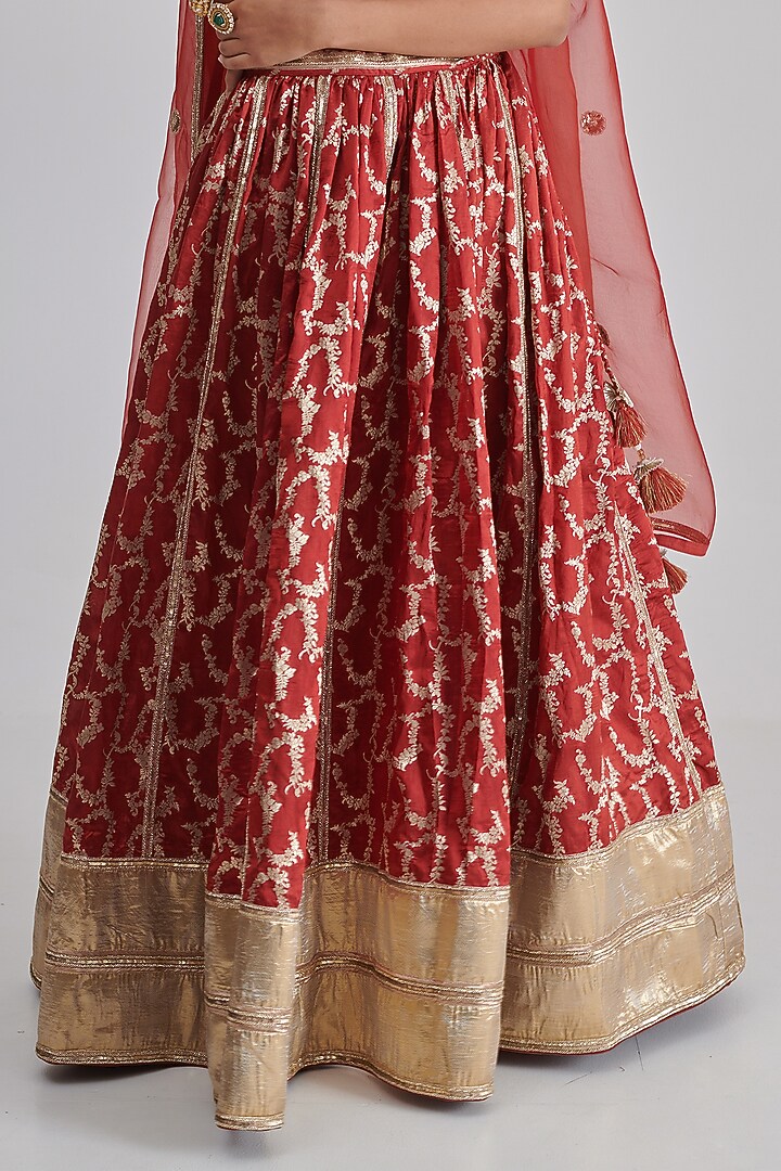 Red Brocade Silk Embroidered Wedding Lehenga Set by RASHIKA MITTAL at Pernia's Pop Up Shop