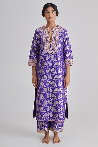 Purple Brocade Silk Embroidered Kurta Set by RASHIKA MITTAL