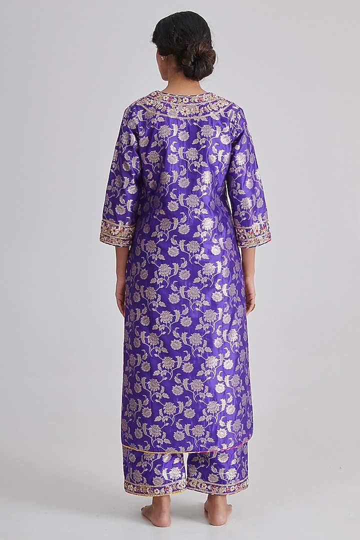 Purple Brocade Silk Embroidered Kurta Set by RASHIKA MITTAL at Pernia's Pop Up Shop