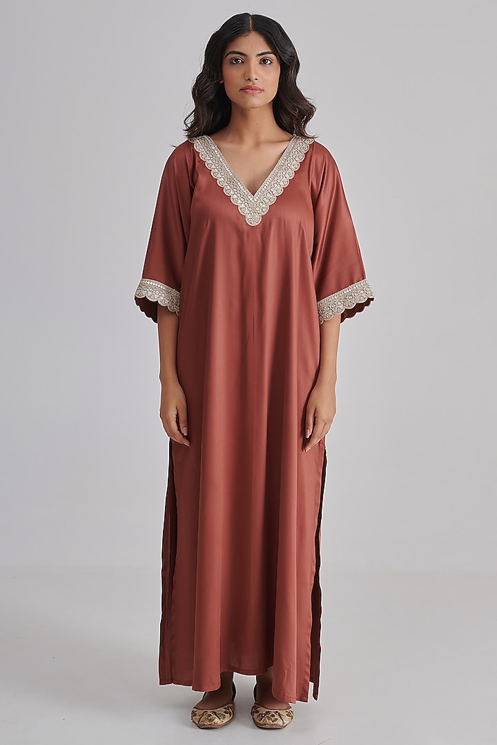 Terracotta Satin Kaftan by RASHIKA MITTAL at Pernia's Pop Up Shop