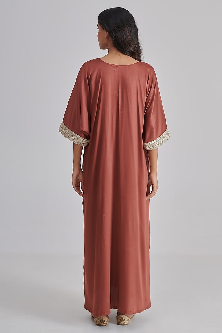 Terracotta Satin Kaftan by RASHIKA MITTAL at Pernia's Pop Up Shop