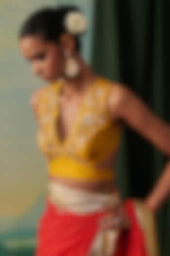 Yellow Pure Silk Floral & Cutdana Work Blouse by RASHIKA MITTAL at Pernia's Pop Up Shop