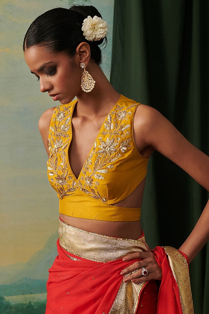 Yellow Pure Silk Floral & Cutdana Work Blouse by RASHIKA MITTAL at Pernia's Pop Up Shop
