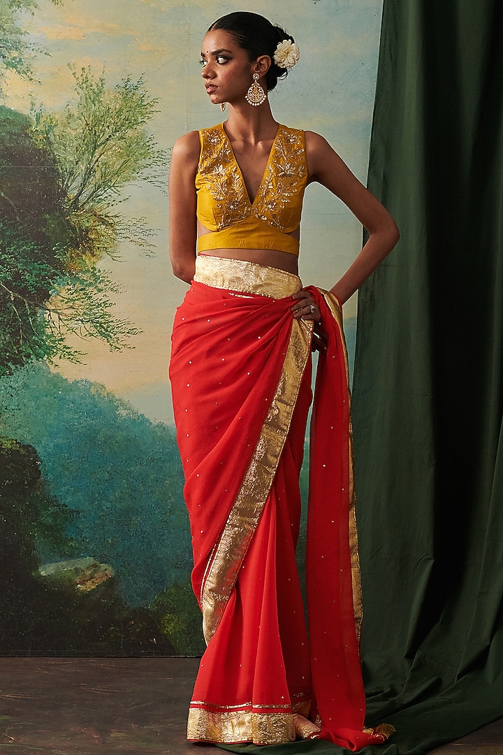Yellow Pure Silk Floral & Cutdana Work Blouse by RASHIKA MITTAL at Pernia's Pop Up Shop